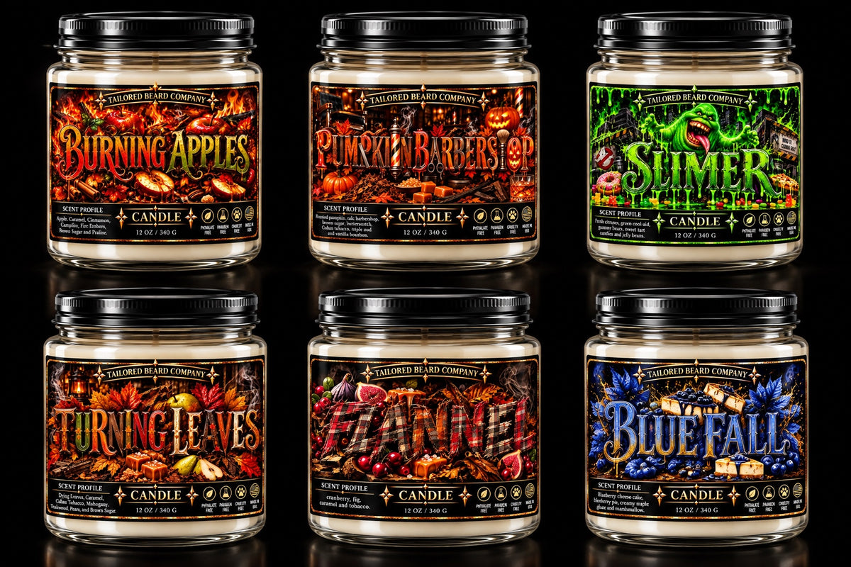 All six Tailored Beard Company Signature Candles