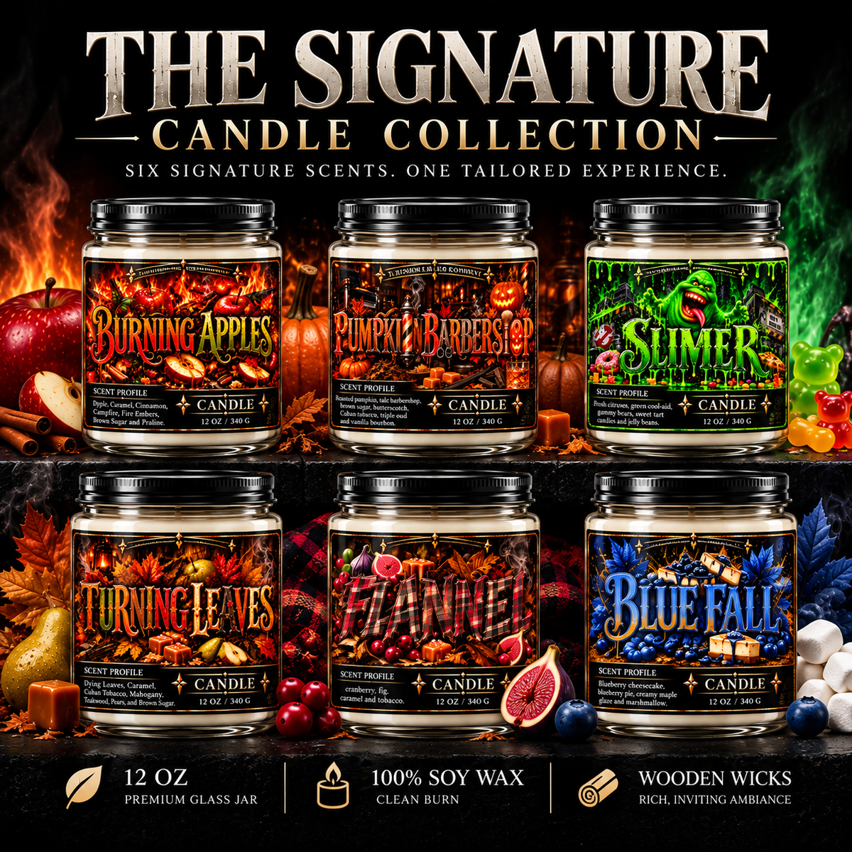 Signature Candles Collection featuring all six soy wax candle scents