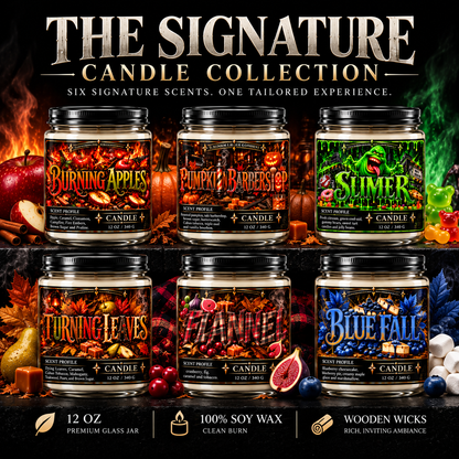 Signature Candles Collection featuring all six soy wax candle scents